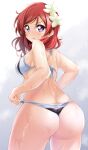  1girl absurdres ass bikini bikini_pull blush breasts clothes_pull flower from_behind hair_flower hair_ornament highres kirisaki_reina looking_at_viewer looking_back love_live! love_live!_school_idol_project medium_breasts nishikino_maki open_mouth purple_eyes red_hair shiny shiny_hair shiny_skin side-tie_bikini solo standing swimsuit wet white_bikini 