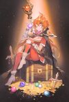  1girl absurdres ajirui armor black_cape black_headband boots cape coin gloves gold_coin headband highres lina_inverse one_eye_closed orange_eyes orange_hair pants pauldrons red_pants shoulder_armor sitting slayers solo staff treasure treasure_chest white_footwear white_gloves 