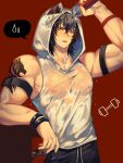  1boy animal_ears arknights arm_belt bangs bara biceps black_hair blush broca_(arknights) cat_boy cat_ears cat_tail covered_nipples feet_out_of_frame highres hood hood_up hoodie kikan_(kikanoe) large_pectorals looking_at_viewer male_focus medium_hair muscular muscular_male official_alternate_costume open_mouth pectorals pouring pouring_onto_self see-through shirt shoulder_tattoo sidepec sleeveless sleeveless_hoodie solo tail tattoo wet wet_clothes wet_shirt yellow_eyes 