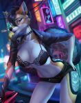  2022 anthro black_hair breasts brown_eyes canid canine canis city clothed clothing coyote detailed_background digital_media_(artwork) elvofirida eyebrows eyelashes female hair hi_res mammal midriff navel night outside solo 