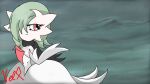  2022 3_fingers female fingers freyja_(lynofdeath) frown gardevoir generation_3_pokemon green_hair hair hair_over_eye hi_res humanoid looking_back lynofdeath mega_evolution mega_gardevoir nintendo not_furry one_eye_obstructed pok&eacute;mon pok&eacute;mon_(species) red_eyes scar_across_eye scarf signature simple_background solo video_games 