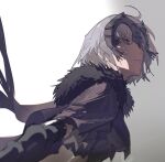  1girl armored_corset capelet expressionless fate/grand_order fate_(series) fur fur_collar gradient gradient_background headpiece highres jeanne_d&#039;arc_alter_(fate) looking_at_viewer looking_to_the_side pale_skin short_hair solo standard_bearer tansiki white_hair wind yellow_eyes 