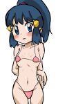  1girl absurdres blue_eyes blue_hair blush breasts cocoa_(p_cocoa_f) dawn_(pokemon) groin hair_ornament hairclip highres long_hair looking_at_viewer navel open_mouth pokemon pokemon_(game) pokemon_dppt ponytail simple_background solo swimsuit white_background 
