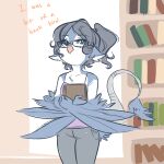  anthro avian bird birddi blue_eyes bottomwear clothed clothing denim denim_clothing english_text female glacierclear hi_res jeans library looking_up pants simple_background solo tail_tuft text tuft wings 