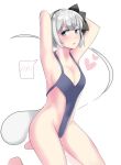  1girl armpits arms_behind_head bangs black_bow black_hairband blue_eyes blush bow bow_hairband breasts cleavage collarbone commentary ghost hair_ribbon hairband heart kneeling konpaku_youmu konpaku_youmu_(ghost) looking_to_the_side medium_breasts one-piece_swimsuit open_mouth ribbon seiza short_hair sideboob simple_background sitting solo speech_bubble swimsuit thighs touhou white_background white_hair youmu-kun 