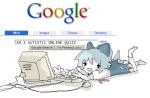  1girl :d bangs blue_bow blue_dress blue_hair blush_stickers bow cirno colored_skin commentary computer crt dithering dress english_commentary english_text full_body google hair_bow jaggy_lines keyboard_(computer) leg_up limited_palette lying monitor mouse_(computer) no_shoes on_stomach open_mouth shadow short_hair short_sleeves smile socks solid_circle_eyes solo touhou typing white_background white_skin white_socks wings wwparasi 