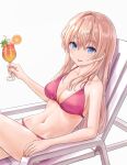  1girl :p absurdres bangs beach_chair bikini blue_eyes blush breasts cleavage closed_mouth commentary_request cup drinking_glass food fruit fujizarashi hair_between_eyes highres holding holding_cup long_hair looking_at_viewer medium_breasts nail_polish navel orange_(fruit) orange_juice orange_slice original pink_bikini pink_hair simple_background sitting solo stomach swimsuit tongue tongue_out white_background 