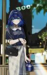  1girl bag blue_eyes blue_hair casual chanel earrings hair_intakes handbag highres hololive hololive_english jewelry k00s medium_hair ouro_kronii skirt solo storefront virtual_youtuber watch wristwatch 