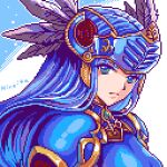  1girl armor blue_armor feathers gold_trim helmet hiroita lenneth_valkyrie long_hair looking_at_viewer lowres pixel_art portrait shoulder_armor straight_hair valkyrie valkyrie_profile winged_helmet 