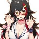  1girl animal_ear_fluff animal_ears bangs bikini black_hair blush bracelet breasts brown_eyes choker claw_pose cleavage glasses hair_ornament hairclip halterneck hands_up highres hololive jewelry large_breasts long_hair looking_at_viewer multicolored_hair nail_polish ookami_mio open_mouth oshiruko_(oshiruco_212048) red_choker red_hair red_nails simple_background solo streaked_hair swimsuit tearing_up upper_body virtual_youtuber white_background white_bikini wolf_ears wrist_cuffs 