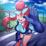  1girl blue_eyes blue_gloves blush boots breasts chikada cloud dated day falling_leaves gloves hand_up leaf looking_at_viewer one_eye_closed open_mouth pokemon pokemon_(game) pokemon_bw red_hair shadow sky skyla_(pokemon) smile standing tank_top twitter_username 