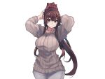  1girl breasts brown_eyes brown_hair brown_sweater cherry_blossoms cowboy_shot flower grey_pants hair_flower hair_intakes hair_ornament highres kantai_collection large_breasts long_hair long_sleeves mil_(xration) official_alternate_costume pants ponytail sidelocks smile solo standing sweater very_long_hair yamato_(kancolle) 