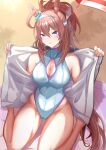  1girl absurdres adapted_costume animal_ears blue_eyes breasts brown_hair casual_one-piece_swimsuit cleavage cleavage_cutout clothing_cutout commentary_request full_body hairband highres horse_ears horse_girl horse_tail ibuonke jacket large_breasts long_hair looking_at_viewer mihono_bourbon_(umamusume) one-piece_swimsuit open_clothes open_jacket ponytail sitting swimsuit tail umamusume wariza white_jacket white_swimsuit 