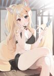  1girl :p absurdres ahoge animal_ear_fluff animal_ears bangs bare_legs bare_shoulders black_hair blonde_hair breasts cleavage crossed_legs feet_out_of_frame food fox_ears fox_girl fox_tail heart heart_ahoge heterochromia highres holding holding_food indoors long_hair looking_at_viewer medium_breasts mole mole_on_breast multicolored_hair popsicle red_eyes sitting solo streaked_hair syhan tail tongue tongue_out virtual_youtuber white_hair 