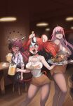  3girls ahoge alcohol animal_ears beer black_hair blush breasts clenched_teeth dress_shirt drooling embarrassed employee_uniform food glowing glowing_eye hakos_baelz highres hooters horns irys_(hololive) large_breasts long_hair mori_calliope mouse_ears mouse_tail mousetrap multicolored_hair multiple_girls nanashi_mumei necktie open_mouth pink_hair red_hair sharp_teeth shirt shorts smile table tail tail_grab teeth twintails uniform white_hair zedd_(zedgawr) 