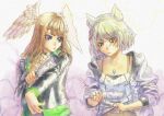  2girls animal_ears blue_eyes brown_hair cat_ears chest_jewel eunie_(xenoblade) feathers fingerless_gloves gloves grey_hair head_wings highres hood hoodie jacket lint_roller medium_hair mio_(xenoblade) moulting multiple_girls shedding short_hair upper_body vvbert xenoblade_chronicles_(series) xenoblade_chronicles_3 yellow_eyes 