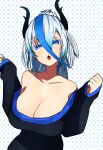  1girl absurdres bare_shoulders black_horns blue_eyes blue_hair blue_nails breasts chiba_mochi cleavage collarbone fingernails gradient gradient_hair hair_between_eyes highres horns large_breasts light_blue_hair long_hair multicolored_hair open_mouth original polka_dot polka_dot_background ponytail sleeves_past_wrists solo streaked_hair tongue 
