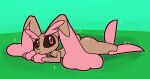  2022 ambiguous_species anthro big_butt brown_body brown_fur brown_pupils brown_sclera butt dipstick_ears fur generation_4_pokemon green_background hi_res lagomorph looking_at_viewer lopunny lying mammal multicolored_ears nintendo on_front pink_body pink_eyes pink_fur pok&eacute;mon pok&eacute;mon_(species) pupils raised_leg shiny_pokemon simple_background smile solo sparkles ultilix video_games 