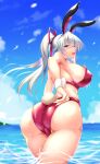  1girl animal_ears ass beach blue_eyes blush breasts cowboy_shot fake_animal_ears high_ponytail highres huge_breasts kaede_acer leotard long_hair looking_at_viewer open_mouth original playboy_bunny ponytail rabbit_ears red_leotard sidelocks solo strapless strapless_leotard tail wet white_hair wrist_cuffs 