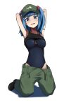  1girl absurdres armpits arms_behind_head arms_up black_footwear blue_eyes blue_hair blush chiba_mochi collarbone covered_navel green_headwear hat highres impossible_clothes jewelry kawashiro_nitori key key_necklace kneeling light_blush long_hair necklace open_mouth simple_background solo tearing_up touhou twintails white_background white_eyes 
