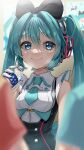  1girl 39_music_(vocaloid) absurdres aqua_eyes aqua_hair aqua_necktie bangs black_bow blurry blurry_foreground bottle bow closed_mouth commentary commentary_request gloves hair_bow hatsune_miku headphones highres holding holding_bottle long_hair looking_at_viewer magical_mirai_(vocaloid) magical_mirai_miku magical_mirai_miku_(2016) necktie pocari_sweat poster_(object) short_necktie smile solo tatyaoekaki twintails upper_body vocaloid water_bottle white_gloves 