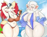  anthro big_breasts bikini blush braixen breasts clothing day duo female generation_6_pokemon hi_res holding_object inner_ear_fluff looking_at_viewer navel nintendo one_eye_closed open_mouth pok&eacute;mon pok&eacute;mon_(species) pok&eacute;morph red_eyes smile smiling_at_viewer swimwear texalunax tuft video_games white_body 