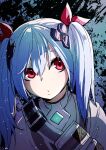  1girl :o bangs blue_hair colphne_(girls&#039;_frontline_2) commentary commission english_commentary gamingpotete girls&#039;_frontline girls&#039;_frontline_2:_exilium hair_between_eyes hair_ornament hair_ribbon looking_at_viewer red_eyes ribbon skeb_commission solo twintails upper_body 