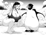 1girl bare_legs barefoot bird black_swimsuit blush braid braided_ponytail breasts cleavage cloud collarbone english_text gigantic_breasts greyscale hand_up harorlood monochrome one-piece_swimsuit open_mouth original penguin shadow smile solo speech_bubble squatting swimsuit tree v 