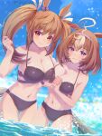  2girls :3 animal_ears bare_shoulders bikini black_bikini blush breast_press breasts brown_hair cleavage cowboy_shot day dutch_angle highres hishi_akebono_(umamusume) holding_hands horse_ears horse_girl horse_tail interlocked_fingers large_breasts long_hair looking_at_viewer matching_outfit medium_hair meisho_doto_(umamusume) multicolored_hair multiple_girls navel ocean outdoors purple_eyes red_eyes shiroi_karasu sky smile swimsuit tail thigh_gap twintails two-tone_hair umamusume wading water 