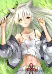  1girl animal_ears breasts cat_ears chest_jewel cleavage collarbone deekei flute grass grey_hair highres instrument jacket light_blush long_hair looking_at_viewer lying mio_(xenoblade) navel off_shoulder on_back parted_lips solo spoilers stomach toned upper_body xenoblade_chronicles_(series) xenoblade_chronicles_3 