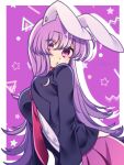  1girl animal_ears between_breasts blazer border breasts crescent crescent_pin hair_between_eyes jacket large_breasts long_hair looking_at_viewer necktie necktie_between_breasts outside_border pink_eyes pink_skirt pleated_skirt puckered_lips purple_hair rabbit_ears reisen_udongein_inaba shirt skirt star_(symbol) touhou tsugomori_(remilia0398) very_long_hair white_border white_shirt 