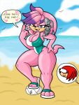  anthro archie_comics ball beach big_breasts bikini bomba_world12 breasts clothing echidna female footwear hand_on_hip hi_res julie-su knuckles_the_echidna mammal monotreme pink_body red_body sandals seaside sega solo sonic_the_hedgehog_(archie) sonic_the_hedgehog_(comics) sonic_the_hedgehog_(series) swimwear thick_thighs volleyball_(ball) 