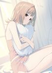  1girl absurdres bare_legs bed_sheet black_eyes brown_hair camisole curtains dolphin_shorts highres holding holding_pillow idolmaster idolmaster_shiny_colors indoors light_brown_hair looking_at_viewer object_hug pillow pillow_hug red_shorts sakuragi_mano short_hair short_shorts shorts sitting solo syhan thighs window 