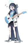  1girl :d absurdly_long_hair arisu_(blue_archive) black_hair black_skirt blue_archive blue_necktie closed_eyes doremi electric_guitar full_body guitar hair_between_eyes halo highres holding holding_instrument instrument jacket long_hair long_sleeves music musical_note necktie shoes side_ponytail simple_background singing skirt smile solo standing very_long_hair white_background white_footwear white_jacket 