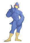  anthro athletic athletic_anthro athletic_male avian barefoot bird blue_body blue_feathers covering covering_crotch falco_lombardi falcon falconid feathers feet gesture hi_res jrjresq looking_at_viewer male muscular muscular_male nintendo nude one_eye_closed plantigrade simple_background solo star_fox thumbs_up toes tongue tongue_out video_games white_background wink winking_at_viewer 