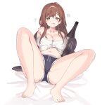  1girl :q arm_support bangs bare_legs bare_shoulders barefoot blush bottle breasts brown_eyes brown_hair camisole cardigan cleavage commission feet full_body gogoco highres holding holding_bottle knees_up korean_commentary large_breasts leaning_back long_hair looking_at_viewer navel off_shoulder open_cardigan open_clothes original ribbed_sweater short_shorts shorts sidelocks simple_background sitting sleeves_past_fingers sleeves_past_wrists strap_slip sweater toes tongue tongue_out white_background white_camisole wine_bottle 