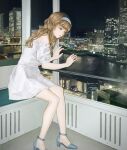  1girl blue_footwear brown_hair building city cityscape commentary_request dress grey_eyes hairband high_heels highres long_hair night off-shoulder_dress off_shoulder original reflection short_sleeves sitting solo utsuwa0120 water white_dress white_hairband 