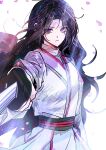  1girl black_hair closed_mouth expressionless falling_petals highres light_particles light_rays long_hair long_sleeves petals pointing_sword purple_eyes return_of_the_mount_hua_sect sanya_(artist) sash shirt solo sword upper_body weapon white_background white_shirt yu_iseol_(return_of_the_mount_hua_sect) 