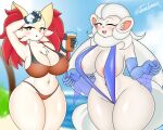  anthro big_breasts bikini blush braixen breasts clothing day duo female generation_6_pokemon hi_res holding_object inner_ear_fluff looking_at_viewer navel nintendo one_eye_closed open_mouth pok&eacute;mon pok&eacute;mon_(species) pok&eacute;morph red_eyes smile smiling_at_viewer swimwear texalunax thick_thighs tuft video_games white_body 