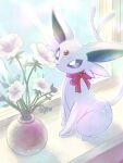  bright_pupils commentary_request espeon flower flower_pot forked_tail highres neck_ribbon no_humans pokemon pokemon_(creature) ponkotsu_tanupon purple_eyes ribbon sitting solo tail white_flower windowsill 