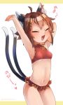 1girl :3 ahoge animal_ear_fluff animal_ears armpit_crease arms_up bangs blush breasts brown_hair cat_ears cat_tail chen closed_eyes commentary_request earrings fang frilled_swimsuit frills hair_ornament hairclip highres ibaraki_natou jewelry multiple_tails musical_note navel open_mouth red_swimsuit short_hair single_earring small_breasts solo stomach stretching swimsuit tail touhou twitter_username two_tails yawning 