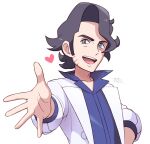  1boy augustine_sycamore black_hair collarbone commentary_request curly_hair facial_hair grey_eyes happy heart jandara_rin labcoat looking_at_viewer male_focus pokemon pokemon_(game) pokemon_xy shirt signature simple_background sleeves_rolled_up solo upper_body white_background 