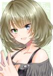  1girl :d bangs blue_eyes breasts chii_(sbshop) cleavage collarbone green_eyes grey_hair grey_shirt hair_between_eyes highres idolmaster idolmaster_cinderella_girls long_hair looking_at_viewer mole mole_under_eye off-shoulder_shirt off_shoulder open_mouth shiny shiny_hair shirt sketch small_breasts smile solo takagaki_kaede upper_body 