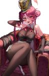  1girl :d absurdres blush breasts brown_gloves brown_pantyhose cleavage colored_inner_hair dong_ji gloves hair_bun hat heterochromia highres hololive houshou_marine knees_together_feet_apart large_breasts long_hair multicolored_hair pantyhose red_eyes red_hair shako_cap single_side_bun sitting smile solo v_over_eye very_long_hair virtual_youtuber white_hair yellow_eyes 