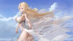  1girl absurdres azur_lane blonde_hair blue_eyes blue_sky breasts brest_(azur_lane) chinese_commentary clothing_cutout cloud cloudy_sky dress from_side highleg highleg_panties highres huge_breasts huijin_zhi_ling leotard long_dress long_hair panties pointy_ears revealing_clothes see-through sky sleeveless sleeveless_dress solo underboob_cutout underwear very_long_hair walking water white_dress white_leotard wings 