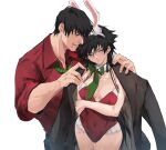  1boy 1girl animal_ears bangs black_hair black_jacket borrowed_garments breasts christmas cleavage fake_animal_ears father_and_daughter frown fur_trim fushiguro_megumi fushiguro_touji genderswap genderswap_(mtf) green_eyes green_necktie hair_between_eyes highleg highleg_leotard highres jacket jacket_on_shoulders jujutsu_kaisen leotard long_hair mature_male medium_breasts muscular muscular_male neck_ribbon necktie playboy_bunny rabbit_ears red_leotard red_shirt ribbon scar scar_on_face scar_on_mouth shirt simple_background vermilli000n very_long_hair white_background 