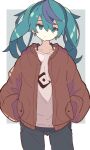  1girl absurdres black_pants border brown_jacket commentary earrings green_eyes green_hair grey_background hatsune_miku head_tilt highres jacket jewelry looking_at_viewer medium_hair n40a1 pants shirt simple_background solo suna_no_wakusei_(vocaloid) twintails unamused vocaloid white_shirt 