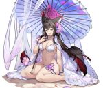  1girl absurdres animal_ear_fluff animal_ears bangs bikini black_hair blue_archive blunt_ends blush breasts c_(pixiv3064042) cleavage collarbone colored_inner_hair flower fox_ears fox_girl fox_tail hair_flower hair_ornament halo highres holding holding_umbrella large_breasts long_hair looking_at_viewer multicolored_hair navel official_alternate_costume oil-paper_umbrella parasol red_hair ribbon sitting smile solo string_bikini swimsuit tail tail_ornament thigh_strap tongue two-tone_hair umbrella very_long_hair wakamo_(blue_archive) wakamo_(swimsuit)_(blue_archive) white_bikini yellow_eyes yokozuwari 