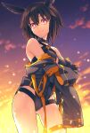  1girl bangs bare_shoulders black_hair breasts cleavage fate/grand_order fate_(series) head_wings highres large_breasts looking_at_viewer ortlinde_(fate) ortlinde_(swimsuit_assassin)_(fate) red_eyes saipaco short_hair smile solo thighs valkyrie_(fate) 