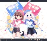  asriel_dreemurr black_shorts blue_eyes brown_hair chara_(undertale) closed_mouth flag flower holding holding_flag long_sleeves looking_at_viewer open_mouth red_eyes sailor_collar shirt short_hair shorts simple_background smile symmetry undertale white_background white_shirt xox_xxxxxx yellow_flower 
